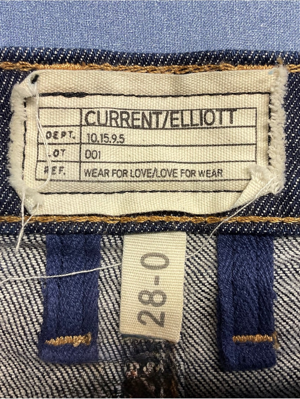 Current/Elliott Indigo Denim Jeans with Gold Stitching